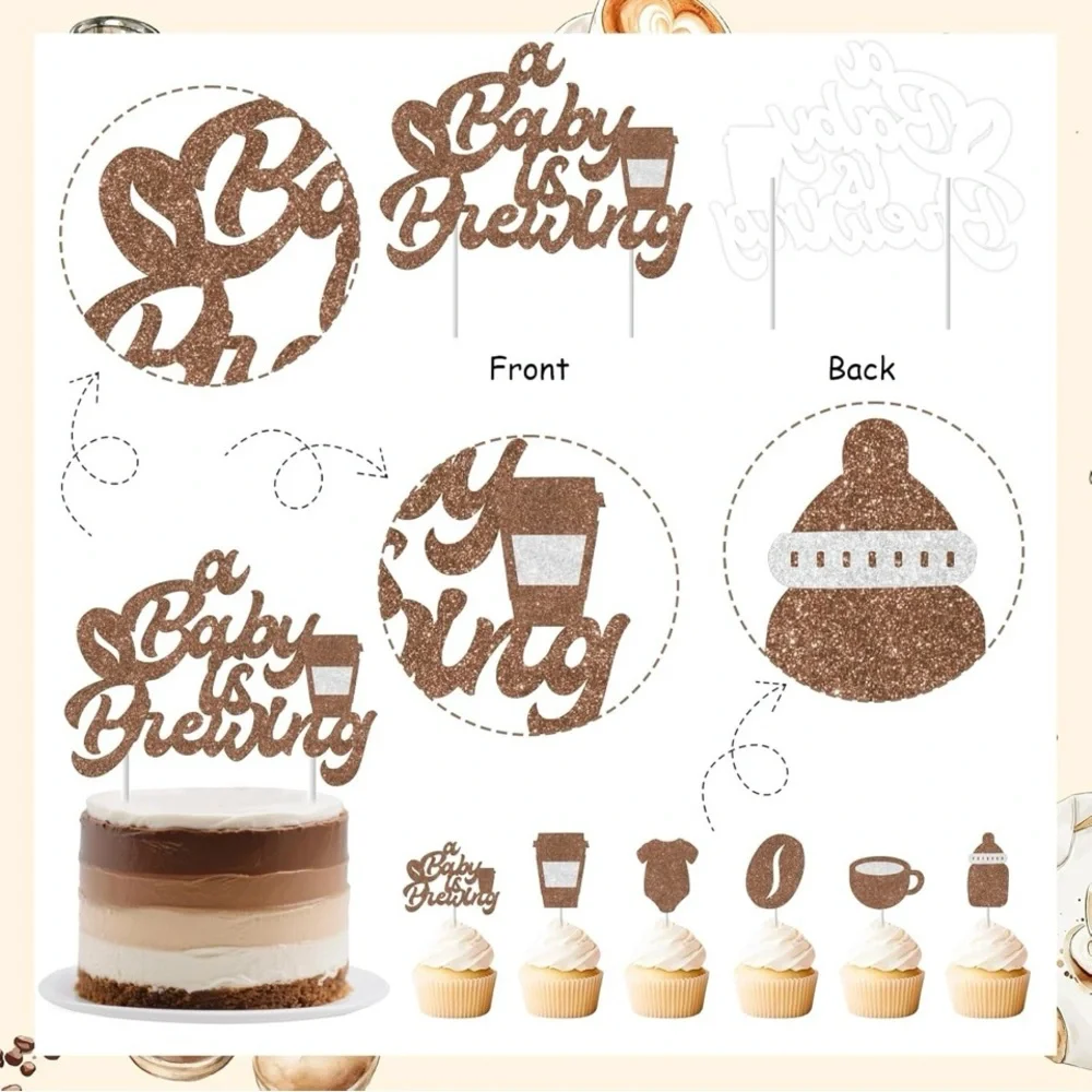 Coffee Theme Brown Glitter Cake Topper Set for Baby Showers